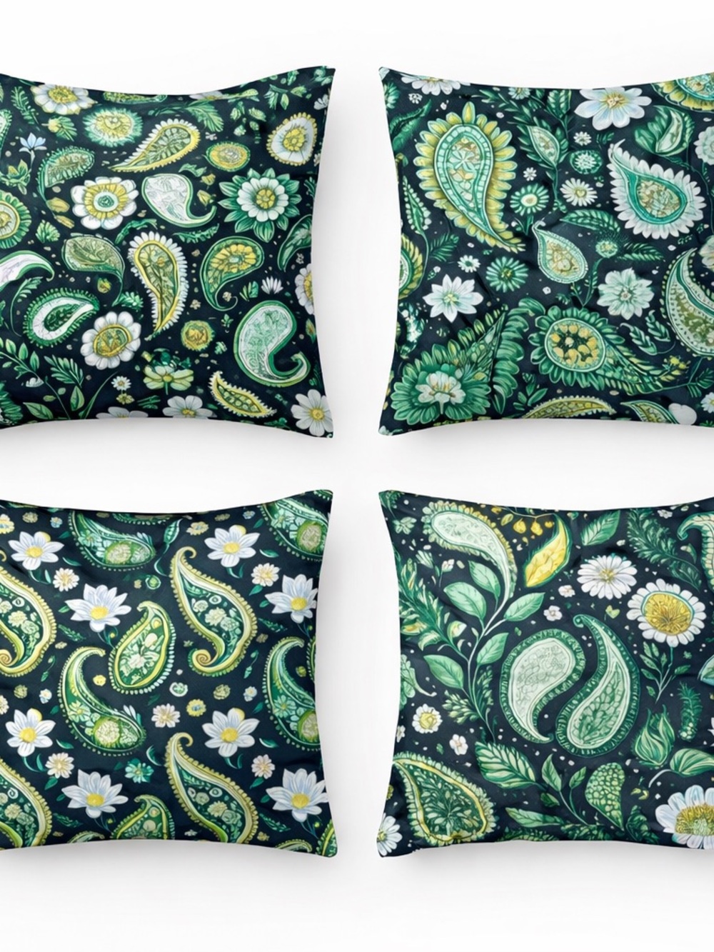 Boho Green Floral Pillow Covers Set of 4 18x18in Paisley Cushion Decor